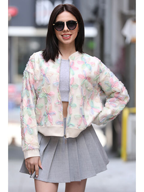 Gülseli Kadın Tüllü Çiçek Desenli Ceket Hırka - S000338190-25636