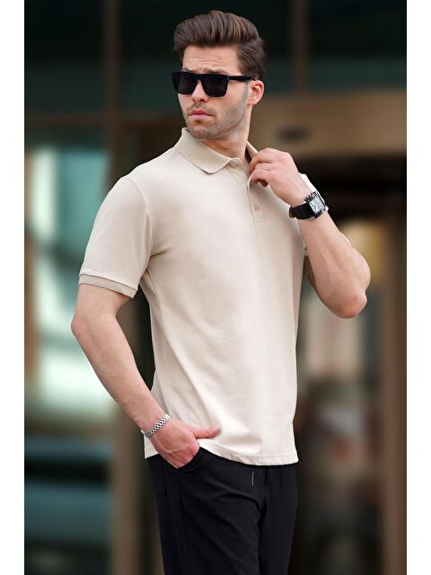 Madmext Bej Overfit Kısa Kollu Polo Yaka Erkek Tişört 7029 - S000212544-19928