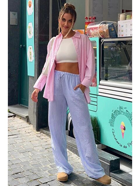 Madmext Mavi Beli Ayarlanabilir Bol Paça Dökümlü Çizgili Pantolon Mg2087 - S000212545-17234