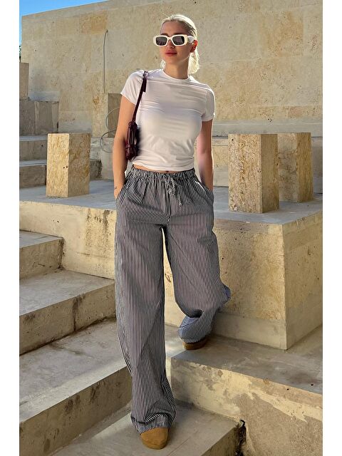Madmext Siyah Beli Ayarlanabilir Bol Paça Dökümlü Çizgili Pantolon Mg2087 - S000212545-19351