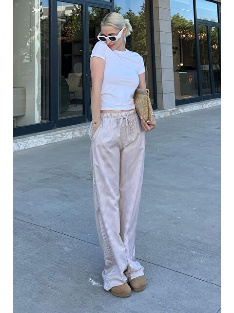 Madmext Bej Beli Ayarlanabilir Bol Paça Dökümlü Çizgili Pantolon Mg2087 - S000212545-19928