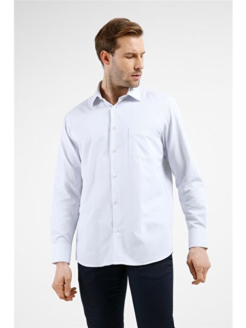 İMZA Beyaz-Mavi Çizgili Desen Sert Yaka Uzun Kol Cepli Comfort Fit Pamuklu Gömlek 1004255275
