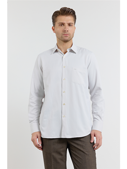 İMZA Koyu Bej Kendinden Desenli Sert Yaka Uzun Kol Cepli Comfort Fit Pamuklu Gömlek 1004255269