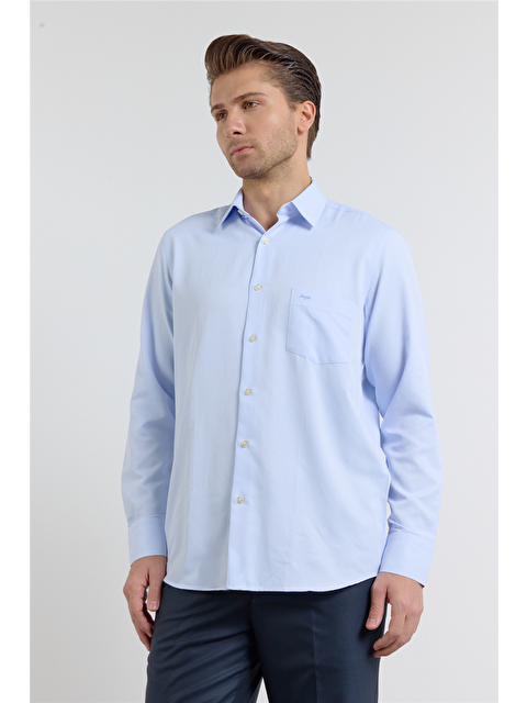 İMZA Mavi Kendinden Desenli Sert Yaka Uzun Kol Cepli Comfort Fit Pamuklu Gömlek 1004255269