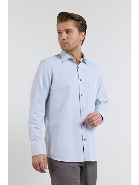 İMZA Gri Kendinden Desenli Sert Yaka Uzun Kol Cepli Comfort Fit Pamuklu Gömlek 1004255269