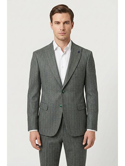 Sabri Özel Giotelli Haki Slim Fit Çizgili Sivri Yaka 6 Drop Duble Paça Tam Astarlı Erkek Takım Elbise Rm - S000524059-18547