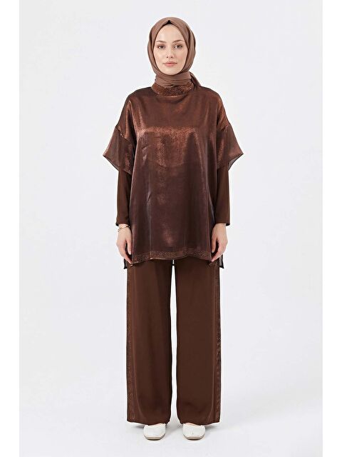Remsa Transparan ve Taş Detay Bluz ve Pantolon Takım 8614 Kahverengi