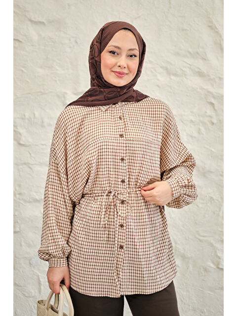 Locco Moda Kadın Ekose Desen Bel Bağlamalı Gömlek Kahverengi