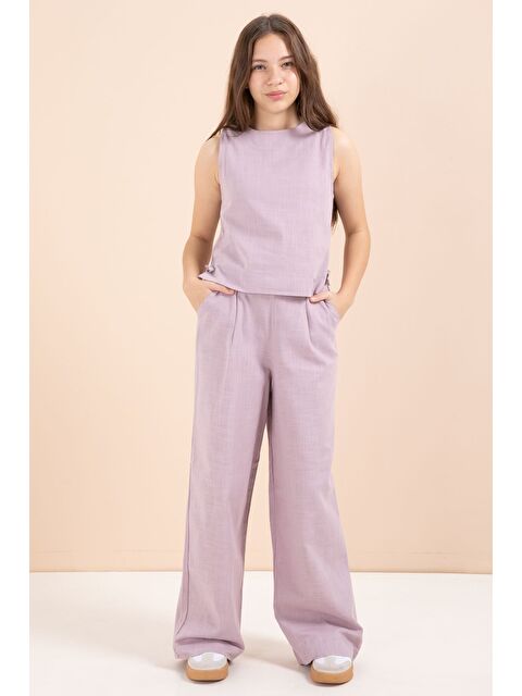 Cansın Mini Gül Kurusu Geniş Paça Pantolonlu Kız Çocuk Keten Croplu Takım 23451 - S000487223-20028