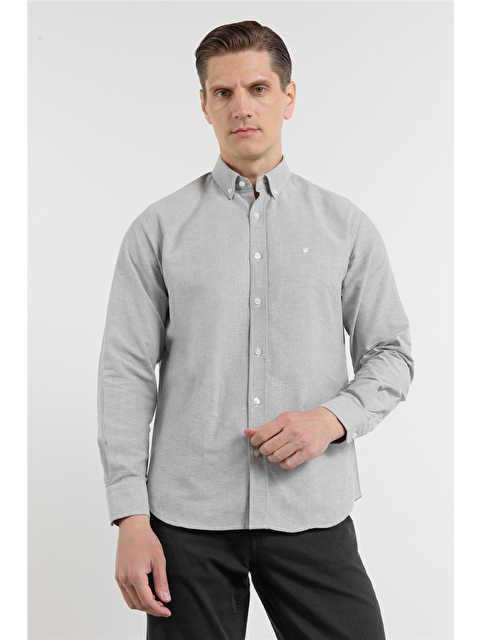 İMZA Haki Oxford Düğmeli Yaka Uzun Kol Cepsiz Slim Fit Pamuklu  Gömlek 1004260182