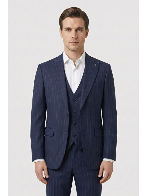 Sabri Özel Giotelli Lacivert Slim Fit Çizgili Mono Yaka Yelekli 6 Drop Tam Astarlı Erkek Takım Elbise - S000524066-21164