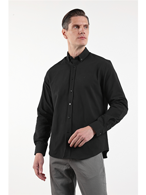 İMZA Siyah Oxford Düğmeli Yaka Uzun Kol Cepsiz Slim Fit Pamuklu  Gömlek 1004260182