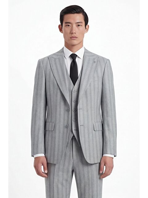 Sabri Özel Erkek Viskon Karışımlı 8 Drop Klasik Gri Yelekli Takım Elbise - S000524069-20600