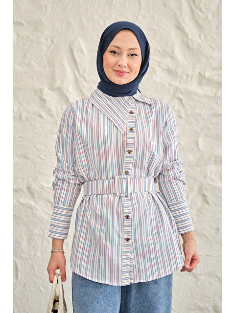 Locco Moda Kadın Yan Yaka Detay Bel Kemerli Gömlek Mavi