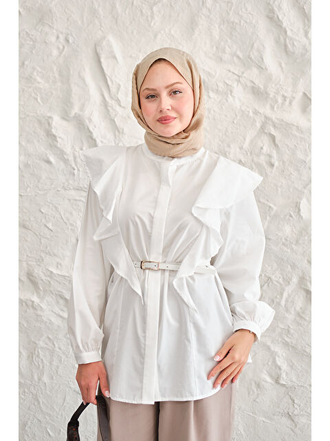Locco Moda Kadın Gizli Düğme Detay Omuzdan Volanlı Gömlek Beyaz