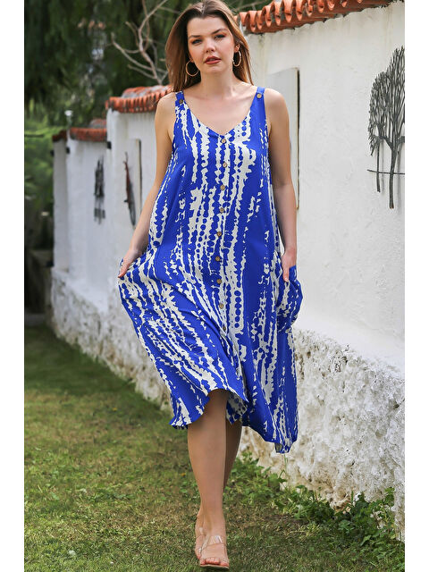 Chiccy Mavi Askılı Düğmeli Cepli Allover Baskılı Casual Viskon Dokuma Elbise 115 60 - S000367749-17234