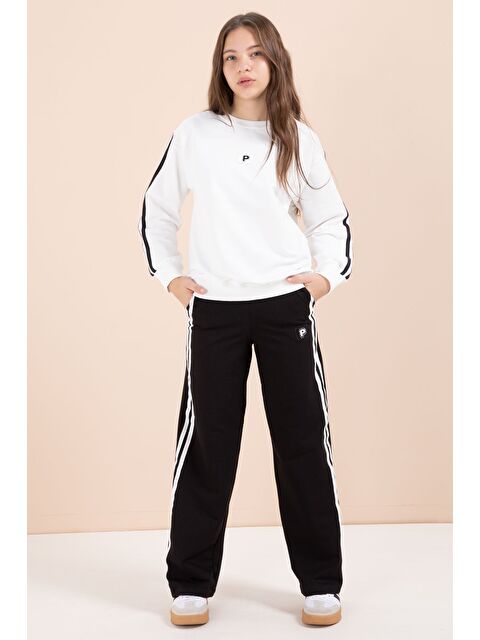 Cansın Mini Siyah Şerit Detaylı Geniş Paça Nakışlı Kız Oversize Eşofman Takımı 23452 - S000487224-19351