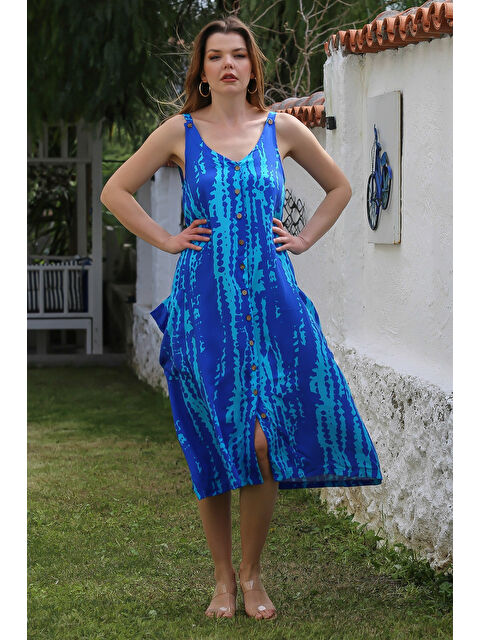 Chiccy Turkuaz Askılı Düğmeli Cepli Allover Baskılı Casual Viskon Dokuma Elbise 115 60 - S000367749-20055