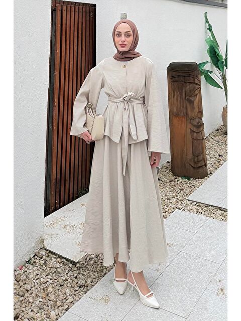 Lamelif Bağcıklı Etek-Bluz İkili Takım Bej - S000515281-19928