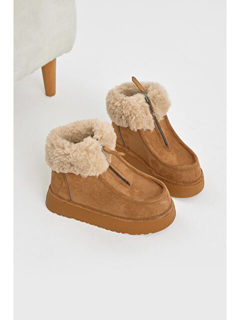 TONNY BLACK Kadın Taba Kalın Taban Kürklü Önü Fermuarlı Süet Bot - S000493879-19413