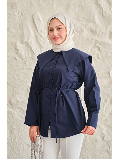 Locco Moda Kadın Gemici Yaka Bel Bağlamalı Gömlek Lacivert