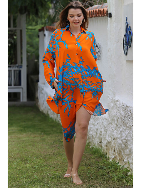 Chiccy Turuncu Gömlek Yaka Düğmeli Uzun Kollu Gizli Cepli Yırtmaçlı Casual Viskon Dokuma Elbise 125 65 - S000367737-20013