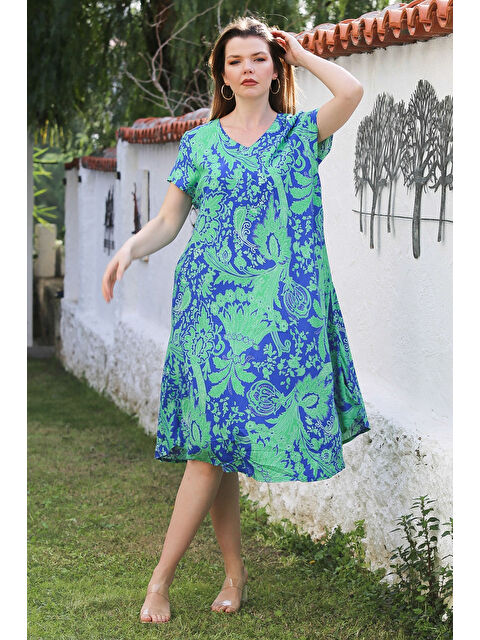 Chiccy Mavi-Yeşil V Yaka Düşük Kol Allover Baskılı Casual Viskon Dokuma Elbise 115 66 - S000367762-37378