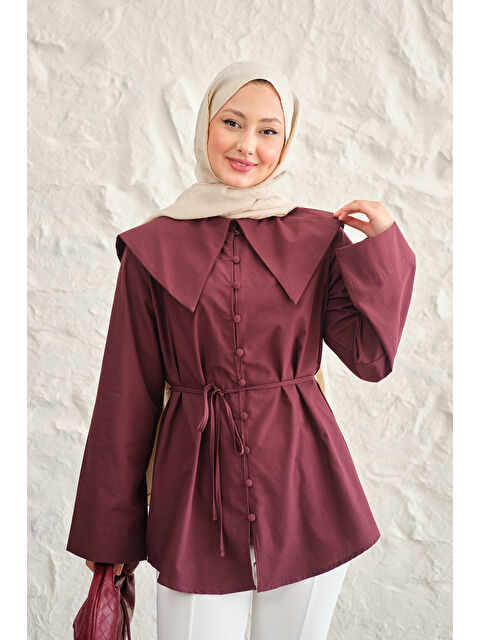 Locco Moda Kadın Gemici Yaka Bel Bağlamalı Gömlek Bordo