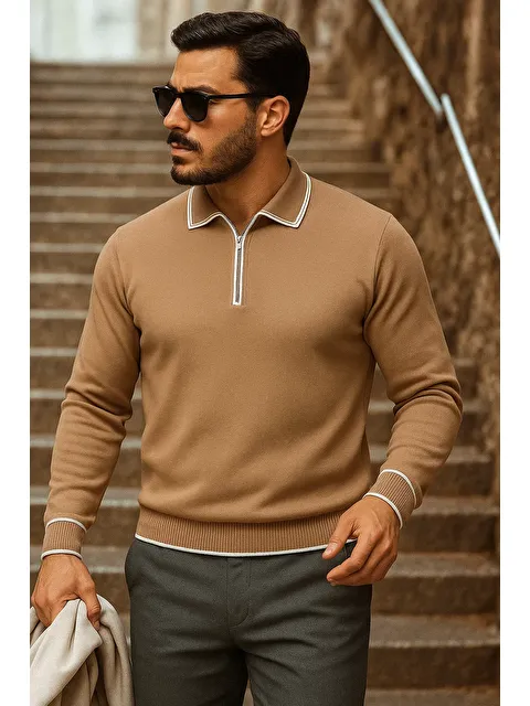 Comstar Erkek Trend Fermuarlı Uzun Kollu Camel Polo Yaka Kazak