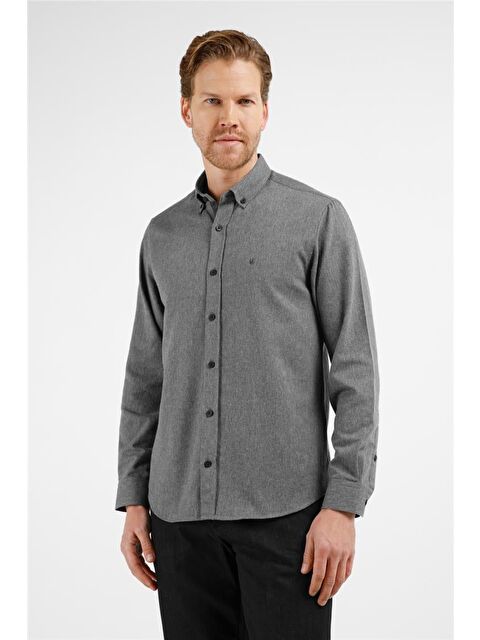 İMZA Antrasit - Lacivert Düğmeli Yaka Uzun Kol Cepsiz Slim Fit Pamuklu Gömlek 1004255233