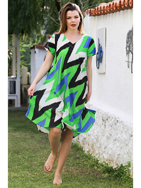 Chiccy Yeşil V Yaka Düşük Kol Allover Baskılı Casual Viskon Dokuma Elbise 115 66 - S000367761-18194