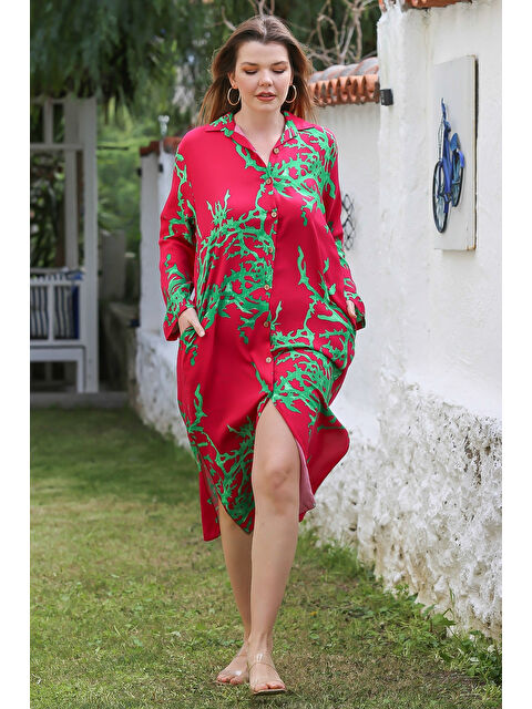 Chiccy Kırmızı Gömlek Yaka Düğmeli Uzun Kollu Gizli Cepli Yırtmaçlı Casual Viskon Dokuma Elbise 125 65 - S000367737-20045