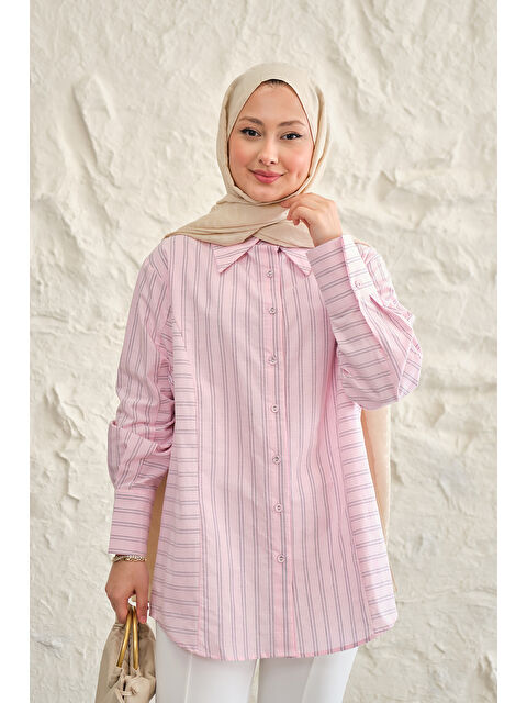 Locco Moda Kadın Düz Ve Yan Çizgi Detay Gömlek Pembe
