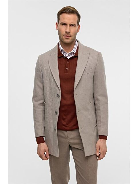 Süvari Bej Slim Desenli Sivri Yaka Kaban - S000495481-19928