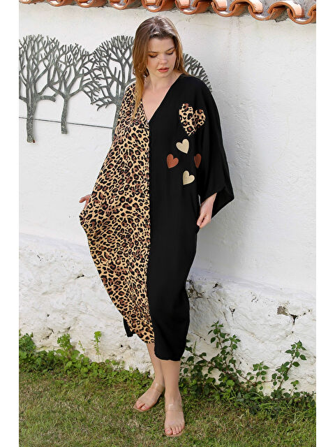 Chiccy Siyah V Yaka Yarasa Kol Düğmeli Gizli Cepli Nakışlı Casual Viskon Dokuma Elbise 140 95 - S000367878-19351