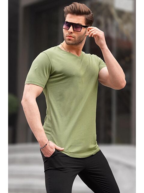 Madmext Basic V Yaka Haki %100 Pamuk Tişört 5281