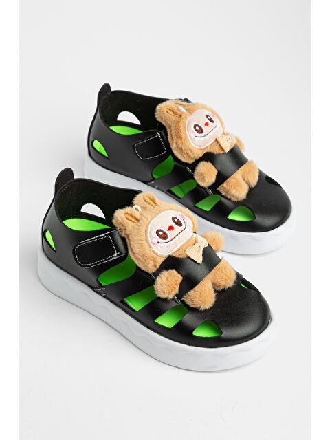 TONNY BLACK Çocuk Unisex Siyah Hafif Taban Ayıcık Detaylı Cırtlı Sandalet