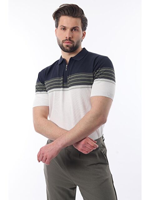 Madmext Lacivert Fermuarlı Polo Yaka Desenli Erkek T-Shirt E7296 - S000423944-21164