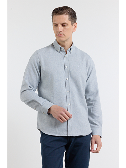 İMZA Mavi - Beyaz Düğmeli Yaka Uzun Kol Cepsiz Slim Fit Pamuklu Gömlek 1004260164