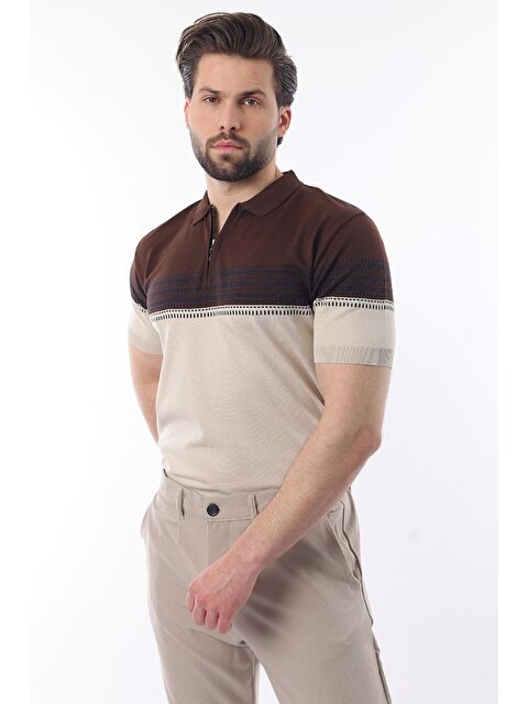 Madmext Kahverengi Fermuarlı Polo Yaka Desenli Erkek T-Shirt E7296 - S000423944-19413