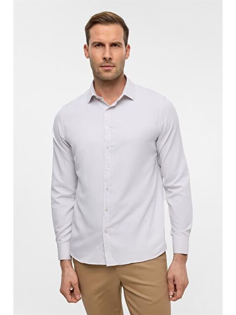 Süvari Ekru Slim Armürlü Klasik Yaka Gömlek