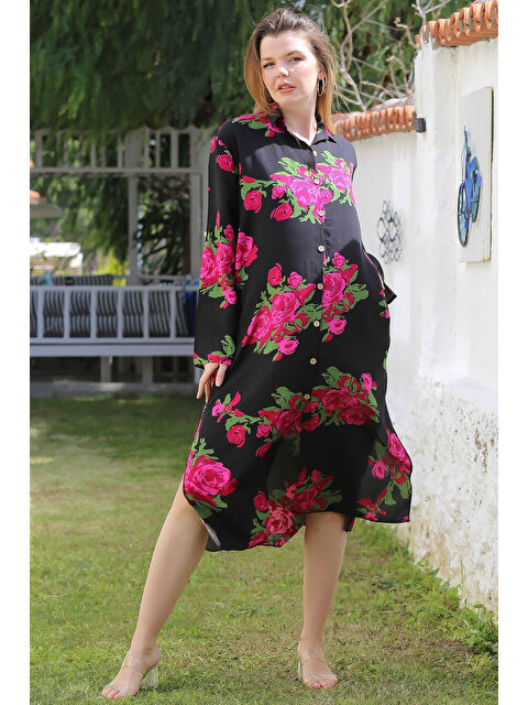 Chiccy Siyah-Fuşya Gömlek Yaka Düğmeli Uzun Kollu Gizli Cepli Yırtmaçlı Casual Viskon Dokuma Elbise 125 65 - S000367742-37429