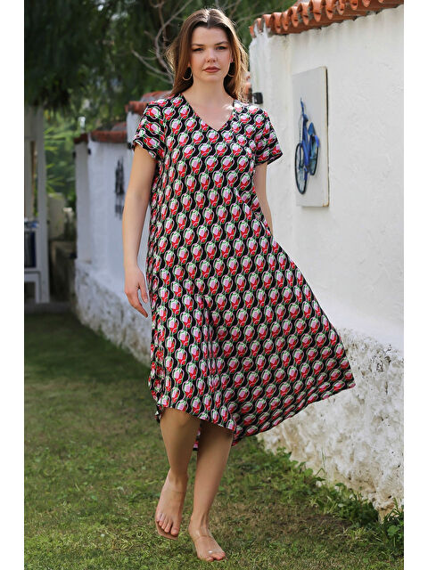 Chiccy Siyah-Pembe V Yaka Düşük Kol Allover Baskılı Casual Viskon Dokuma Elbise 115 66 - S000367879-37442