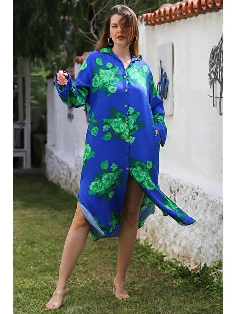 Chiccy Mavi Gömlek Yaka Düğmeli Uzun Kollu Gizli Cepli Yırtmaçlı Casual Viskon Dokuma Elbise 125 65 - S000367742-17234