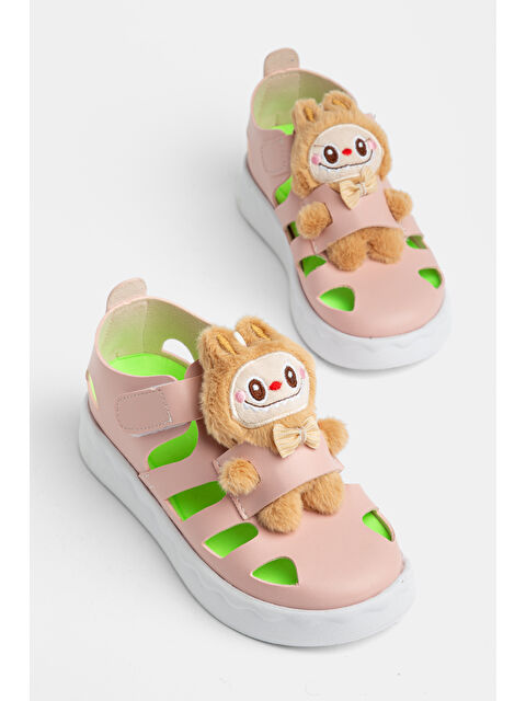 TONNY BLACK Çocuk Unisex Pudra Hafif Taban Ayıcık Detaylı Cırtlı Sandalet