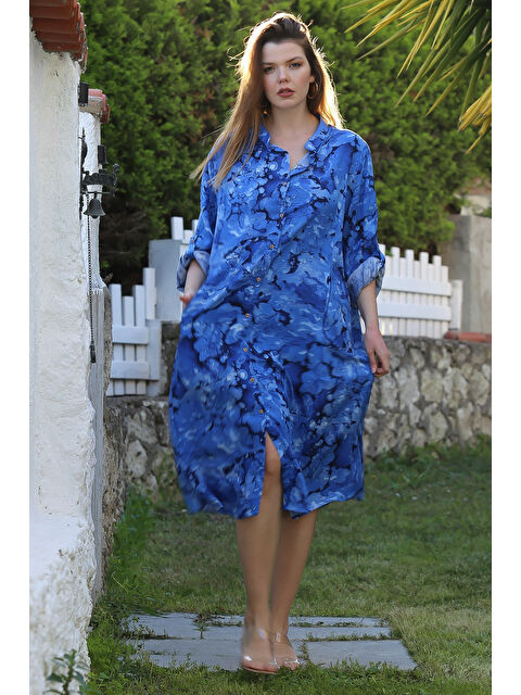 Chiccy Mavi Hakim Yaka Düğmeli Uzun Kollu Gizli Cepli Casual Viskon Dokuma Elbise 125 65 - S000367744-17234