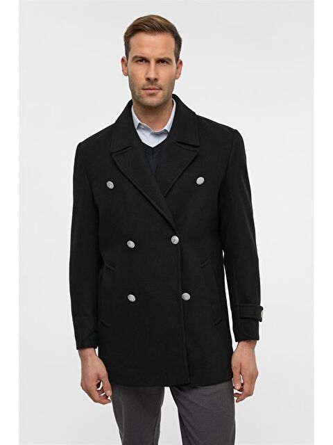 Süvari Siyah Slim Düz Kruvaze Yaka Kaban - S000495484-19351