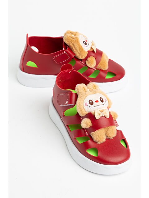 TONNY BLACK Çocuk Unisex Kırmızı Hafif Taban Ayıcık Detaylı Cırtlı Sandalet