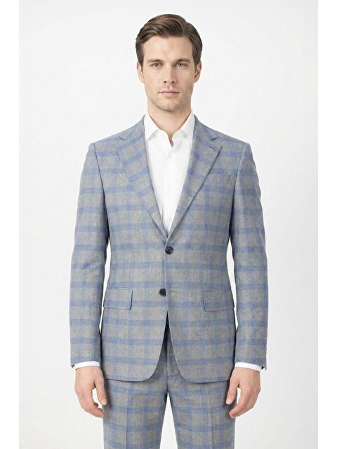 Sabri Özel Giotelli Gri Slim Fit Mono Yaka Ekose Desenli Takım Elbise - S000524084-20600