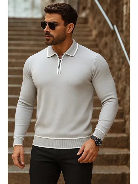 Comstar Erkek Trend Fermuarlı Uzun Kollu Gri Polo Yaka Kazak